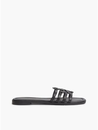 Tommy Hilfiger Womens Script Monogram Leather Slide Sandal - Black - US 7.5 / EU 38