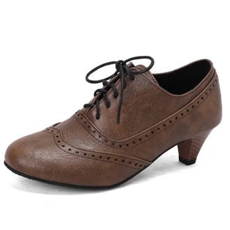 Generic Womens Lace Up Vintage Brogues Round Toe PU Leather Dress Shoes Mid Block Heel Casual Shoes,Brown,10.5 UK
