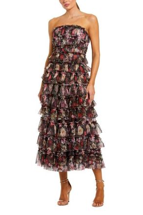 Mac Duggal Strapless Micro Ruffle A Line Midi Dress in Black Multi at Nordstrom, Size 10