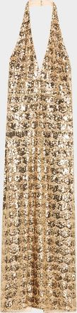 Ramy Brook Shauna Backless Geometric Sequin Halter Gown