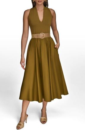 DKNY Sleeveless Belted Mixed Media Midi Dress in Smoky Olive at Nordstrom, Size X-Large