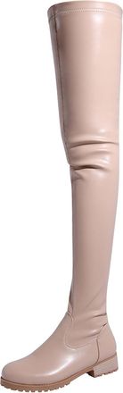 Generic Beige,6.5 UK,Womens Leather PU Thigh High Boots Round Toe Side Zippe Fashion Comfy Chunky Low Heel Over The Knee Boot Fall Winter Dress Shoes
