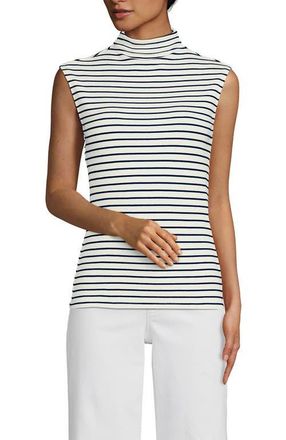 Lands End Cap Sleeve Drapey Rib Fitted Funnel Neck Tank in Ivory/deep Sea Navy Stripe at Nordstrom, Size X-Large