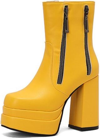 Generic Womens Platform Block Heel Ankle Boots Faux Leather Bold Color Double Zipper Sleek Style Slip On Comfortable Durable For Daily Casual,Yellow,4.5 UK