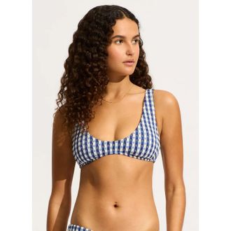 Seafolly Bella Bikini Top Womens Ultramarine Check Longline Swimwear JZZ10