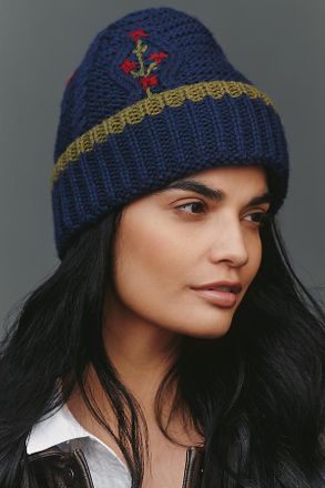 Damson Madder Floral Stitch Cable-Knit Wool Beanie