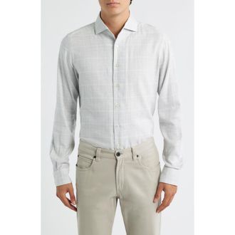 Emanuel Berg Modern Fit Glen Check Brushed Cotton & Lyocell Dress Shirt in Light Grey at Nordstrom Rack, Size Large/x-Large