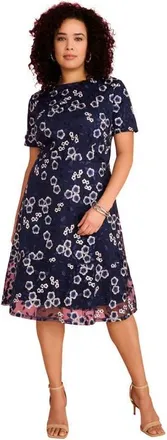 Roaman's Plus Size Lace V Neck Long Sleeve Floral Dress in Navy Floral at Nordstrom, Size Large
