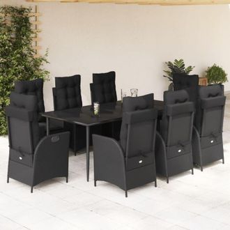 vidaXL Set De Comedor De Jard&iacute;n 9 Pzas Y Cojines Rat&aacute;n Sint&eacute;tico Negro Vidaxl