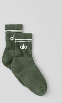Alo | Half-Crew Throwback Socks in Bamboo Green/White, Size: Medium
