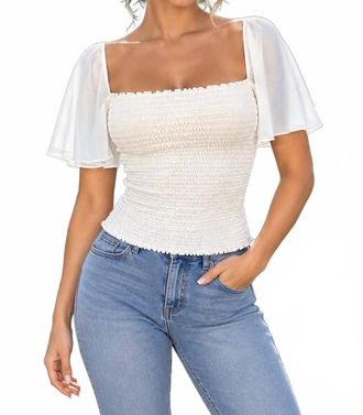 Theory Short Sleeve Smocked Top In Ivory