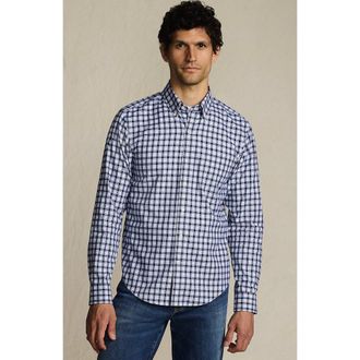Lands End Tailored Fit No Iron Twill Long Sleeve Shirt in Deep Sea Navy/tourmaline Plaid at Nordstrom, Size Xx-Large