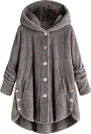 Generic Plus Size Fleece Bed Jacket for Women Soft Fuzzy Button Hooded Lightweight Winter Lounge Coat Outerwear (Dark gray,L)