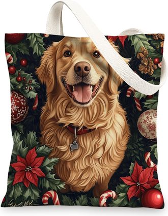 Generic Christmas Golden Retriever Dog Canvas Tote Bag for Shopping 13x15, Xmas Candy Poinsettia Puppy Reusable Grocery Print Bag for Women Men, Holiday Pet A
