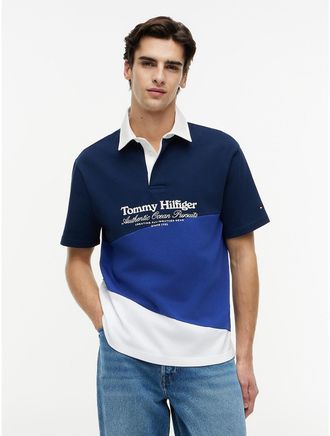 Tommy Hilfiger Mens Nautical Colorblock Jersey Rugby Polo - Carbon Navy Multi - M