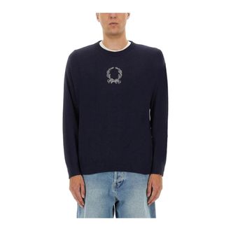 Moschino Truien & Vesten, Heren, Blauw, XL, Wol, Geborduurde Lauwerkrans Ronde Hals Trui