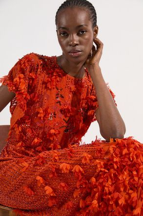Karen Millen Womens Tall Embroidery And Applique Angel Sleeve Woven Maxi Dress - Orange - Size 12 UK