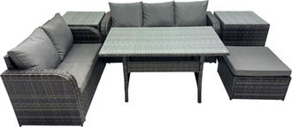 Fimous 6 Seat Outdoor Wicker pe Rattan Garden Furniture Set Dining Table Sofa Sets with Big Stool 2 Side Tables Dark Grey Mixed - Fimous