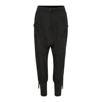 Cream Black Elastic Waist Trousers with Pockets - female - Cream - Straight Trousers - Black - 3XL - Trousers