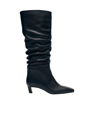 Alohas Knee-high Black Leather Boots with Pointed Square Toe