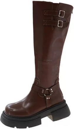 Generic Wide Fit Boots for Women UK Knee High Buckle Wide Calf Long Boots Low Heel Fashion Chunky Casual Flat Shoes for Work, Night out, Travel Riding Boot