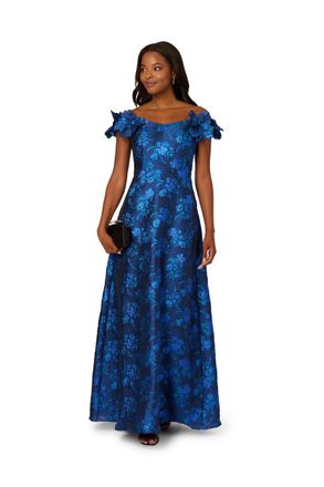 Adrianna Papell Womens Floral Jacquard Gown - Blue - Size 12 UK