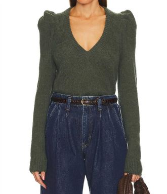 Nation Ltd Lara Puff Shoulder V-Neck Pullover In Stoned Moss