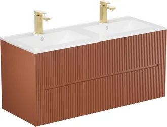 Vente-Unique Mueble de ba&ntilde;o suspendido estriado con lavabo encastrado y grifo - Terracota - 120 cm - PAVANI