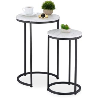 Relaxdays Relaxdays - Nesting Tables, 2-Piece Set, 2 Sizes, Marble Effect, Metal Legs, Round, Living Room, for Sofa, White/Black