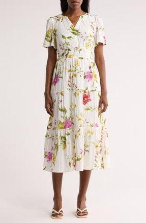 August Sky Floral Short Sleeve Tiered Midi Dress in Ivory Multi at Nordstrom Rack, Size Medium