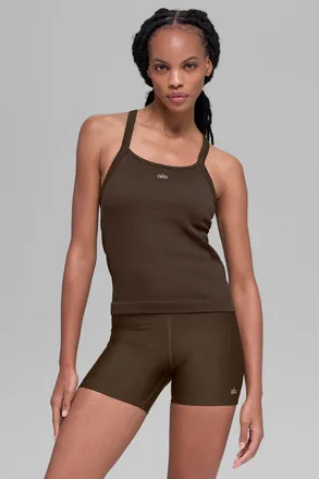 Alo | Seamless Ribbed Favorite Full Length Bra Tank Top in Espresso Brown, Size: Medium