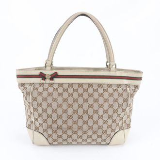 Gucci Beige Ivory Leather Canvas Handbag Tote Bag (Pre-Owned)