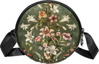 Generic Circle Crossbody Bag for Women, Vintage Floral Small Sling Bag Daypack with Zipper Adjustable Shoulder Straps Casual Ladies Girls Round Purse