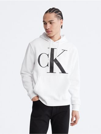 Calvin Klein Mens Monogram Fleece Hoodie - White - XL