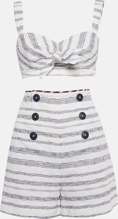 Paule Ka White/blue Embroidered Stripe Cotton Top & Shorts Set
