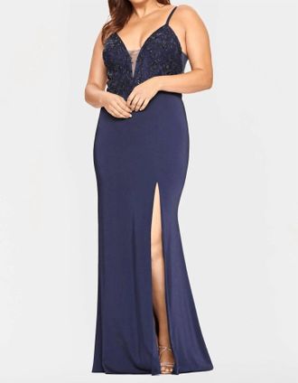 Faviana V Neck Long Dress - Plus In Navy