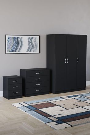 Home Discount Riano 3Pc Bedroom Set - 3 Drawer Bedside, 4 Drawer Chest & Wardrobe in Black