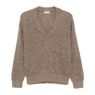 Brunello Cucinelli Ribbed V-neck Sweater - Dames - Truien - Bruin - Maat: M Wol