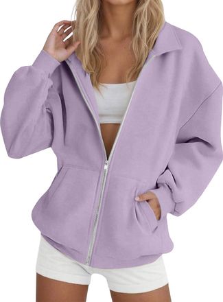 Generic Womens Collared Sweatshirt Zip Up Oversized Long Sleeve Jacket without Hood Ladies Casual Lightweight Fleece Sweatshirts with Pockets Zipper Plus Size