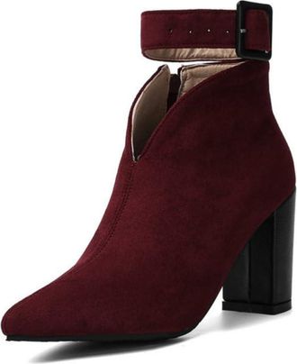 Generic Ladies Suede Retro Western Chelsea Boots with Ankle Strap Buckle, Pointed Toe & Chunky Block Heel,Red,7.5 UK