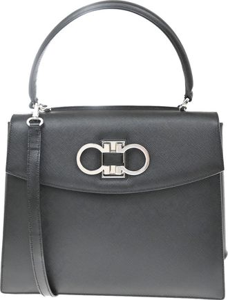 Ferragamo Double Gancini Top Handle Saffiano Leather Black Leather Handbag (Pre-Owned)