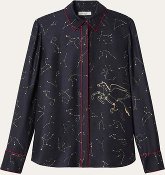 Lafayette 148 New York Scottie Constellation-Print Silk Twill Blouse