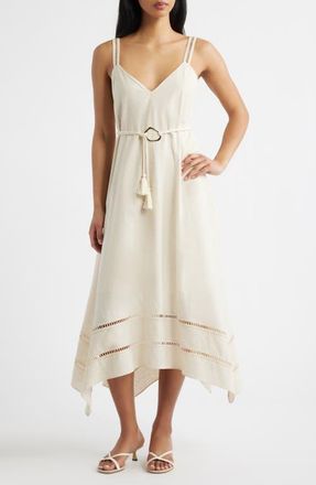Moon River Ladder Stitch Detail Handkerchief Hem Cotton & Linen Dress in Oatmeal at Nordstrom, Size X-Small