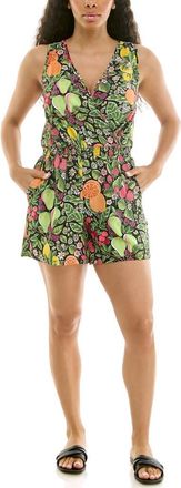 Nina Leonard Smocked Waist Romper in Black/Green Multi at Nordstrom Rack, Size X-Large