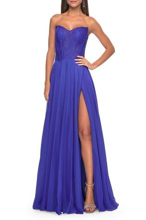 La Femme Strapless Chiffon Prom Gown with Lace Illusion Bodice in Royal Blue at Nordstrom, Size 10