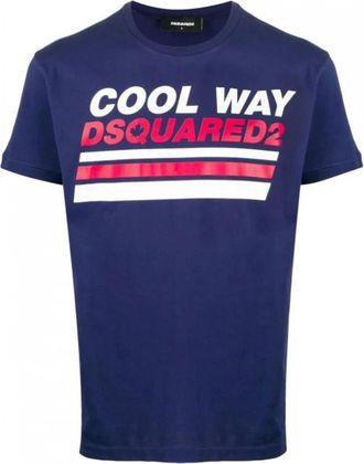 Dsquared2 Tops, Heren, Blauw, S, Katoen, Blauw Logo Print Katoenen Tee