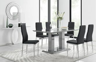 Furniturebox Imperia Grey Modern High Gloss Dining Table & 6 Milan Dining Chairs Set in Black