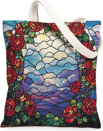 Generic Stained Glass Rose Flower Canvas Tote Bag for Shopping 13x15, Cool Floral Garden Reusable Grocery Print Pattern Bag for Women Men, Fun Wildflower Aest