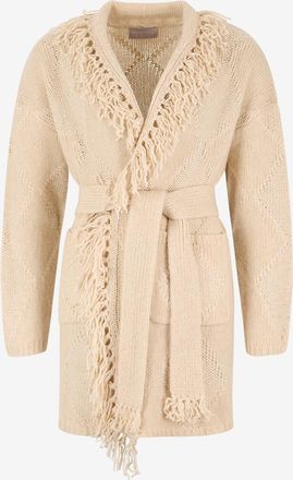 Hemisphere Halblanger Cardigan aus Kaschmirmix mit Rautenmotiv und Fransen