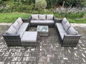 Fimous Outdoor Rattan Garden Furniture Set 10 Seater Patio Lounge Sofa Set with Square Coffee Table Big Footstool in Dark Grey